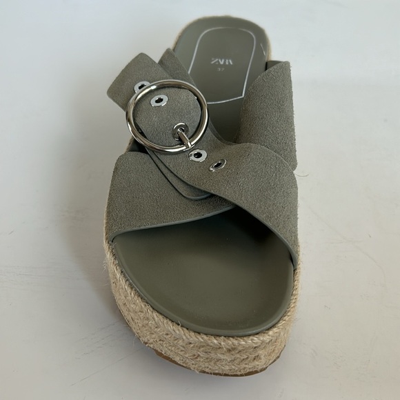 Zara espadrille platform sandal slide silver buckle sage gray green suede - Picture 11 of 16